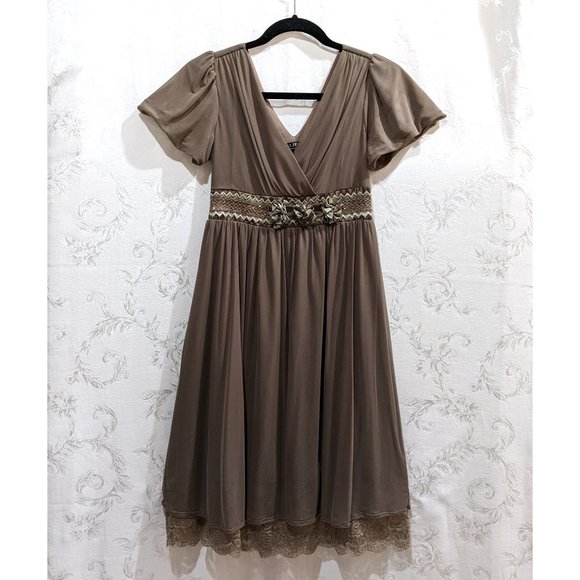 Vintage Peekaboo Lace Floral Beaded Empire Waist Chiffon Dress S Prom Balletcore - Picture 1 of 8